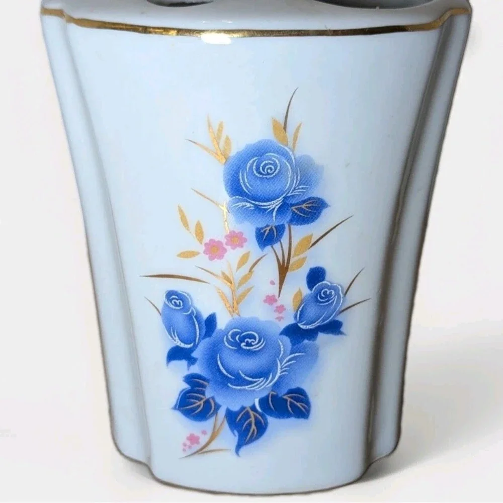 Vintage Tumbler Toothbrush Holder Blue Pink Flowers Gold Edge Japan Porcelain